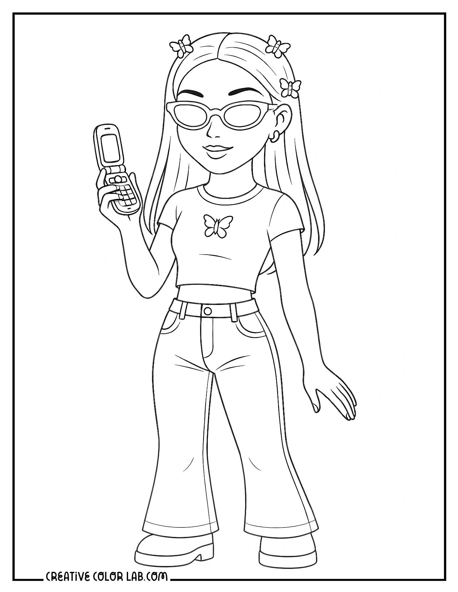 A y2k baddie with a flip phone and butterfly hair clips coloring sheet.