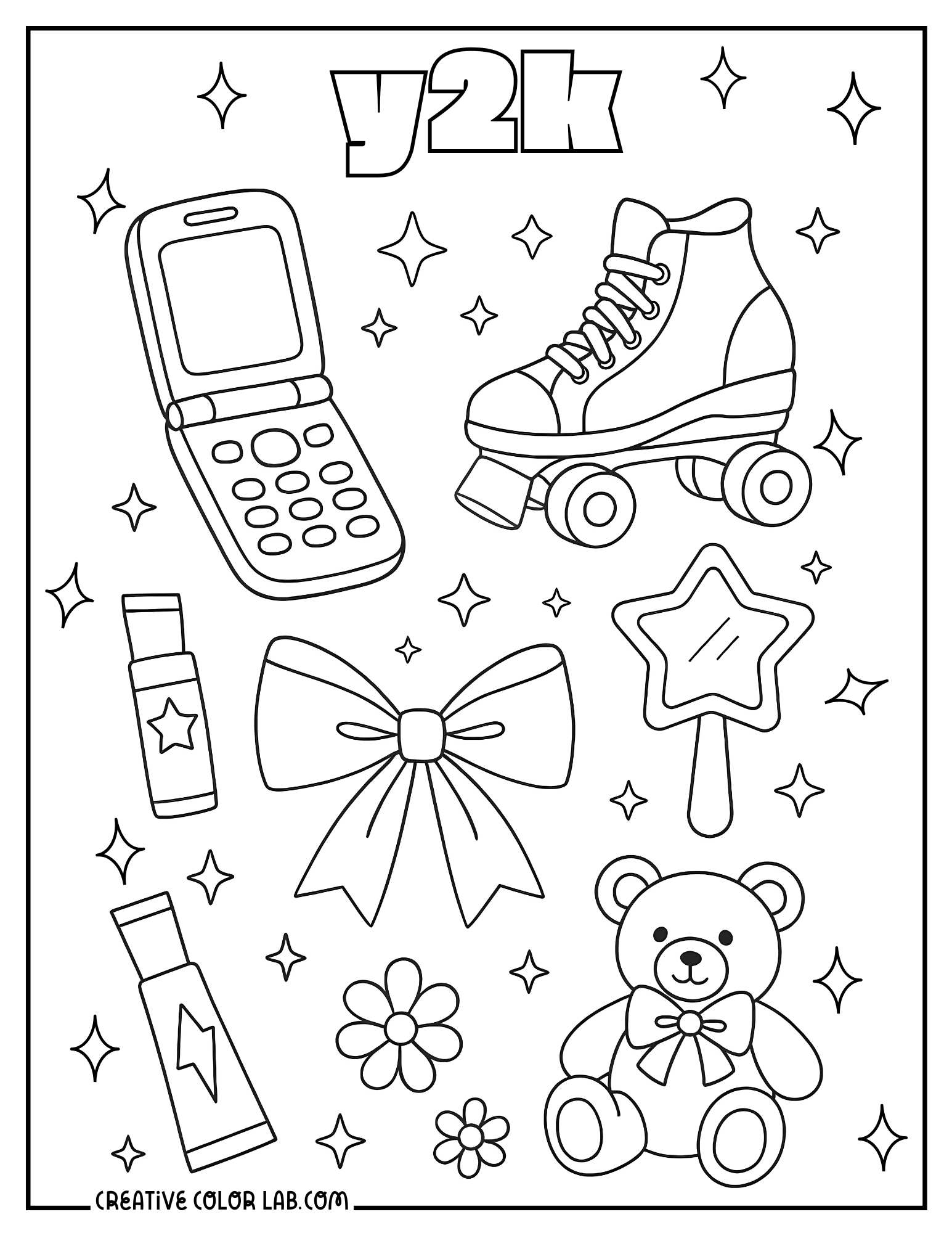 Y2k preppy icons line art to color in.