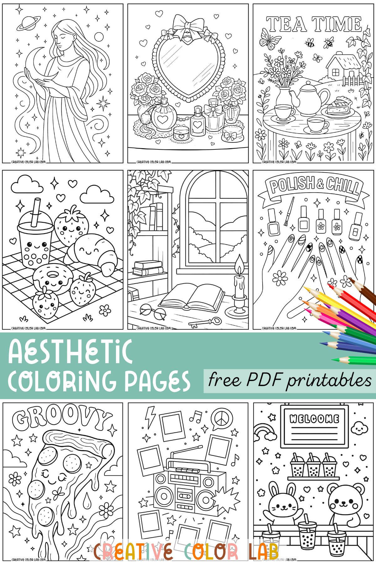 Free printable aesthetic coloring pages to download.
