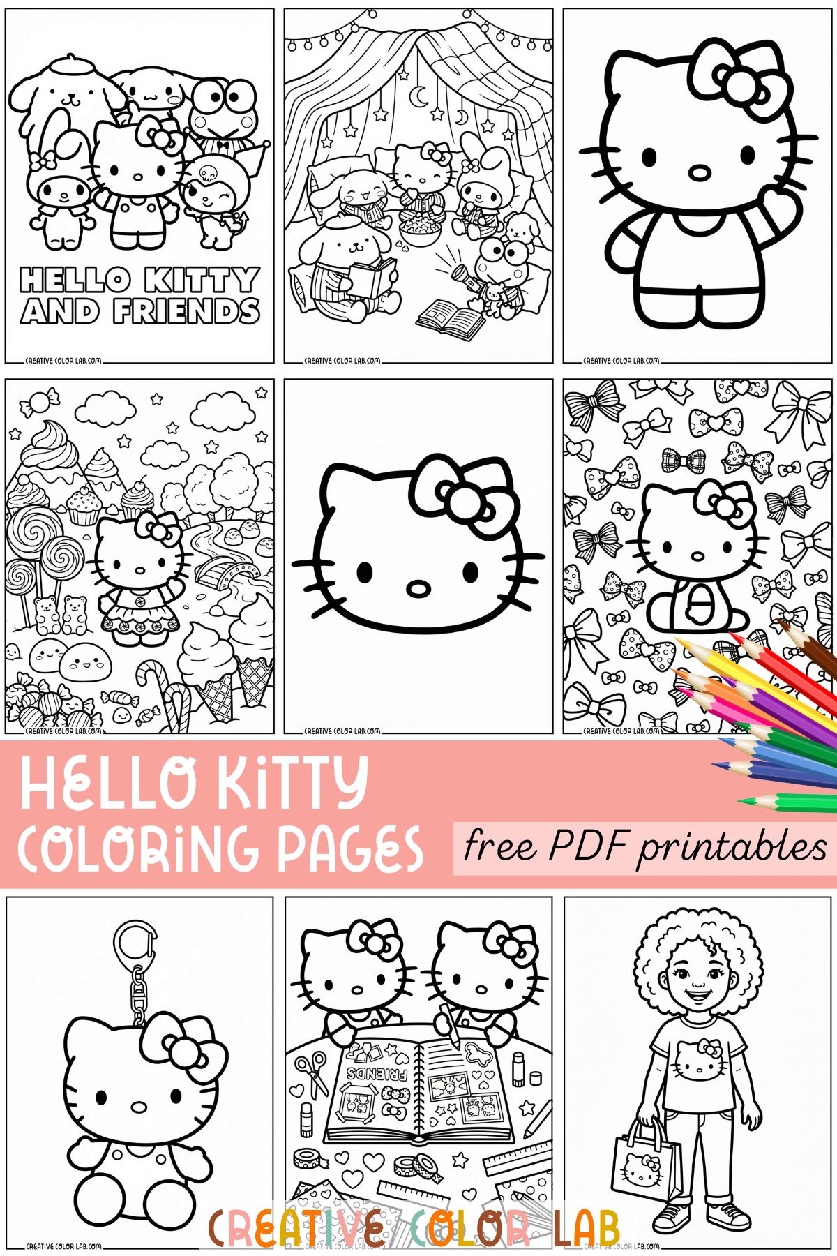 Free printable Hello Kitty coloring pages grid pins.