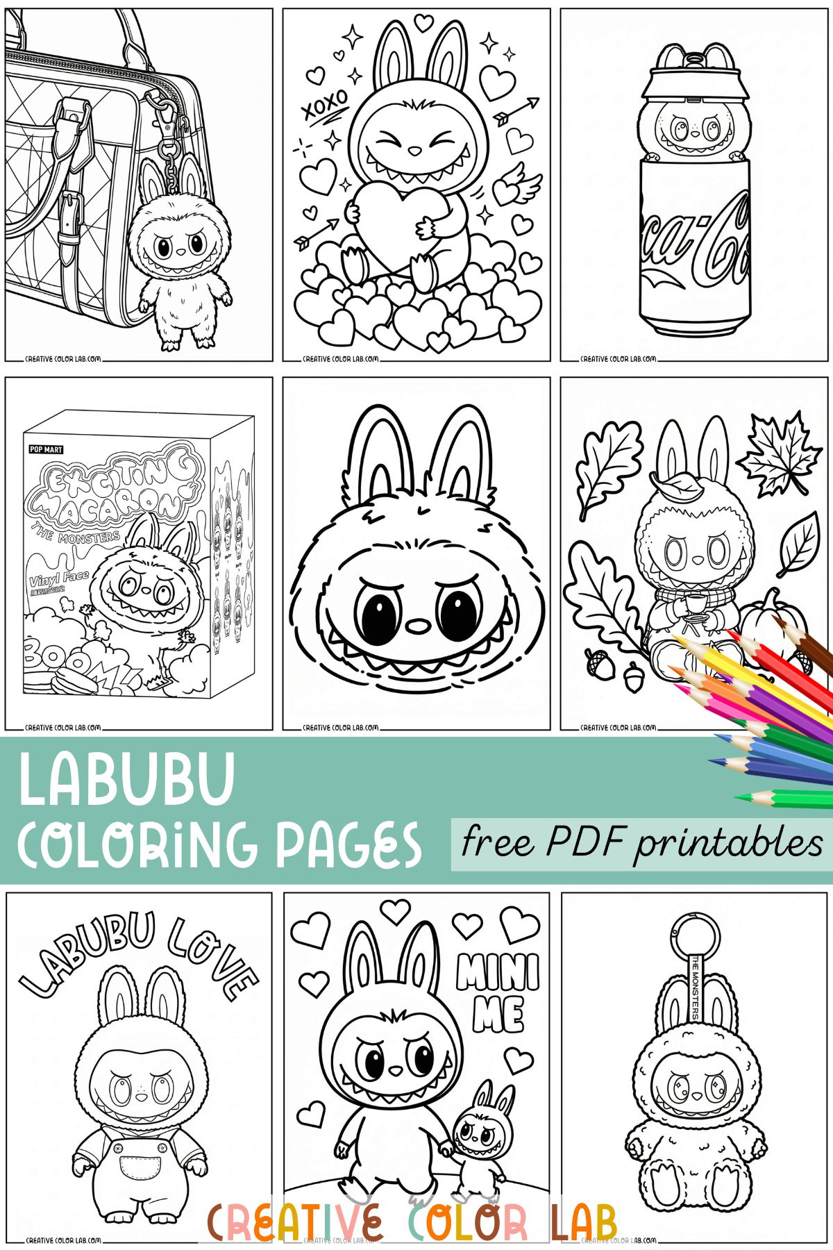 Free printable labubu coloring pages grid pins.