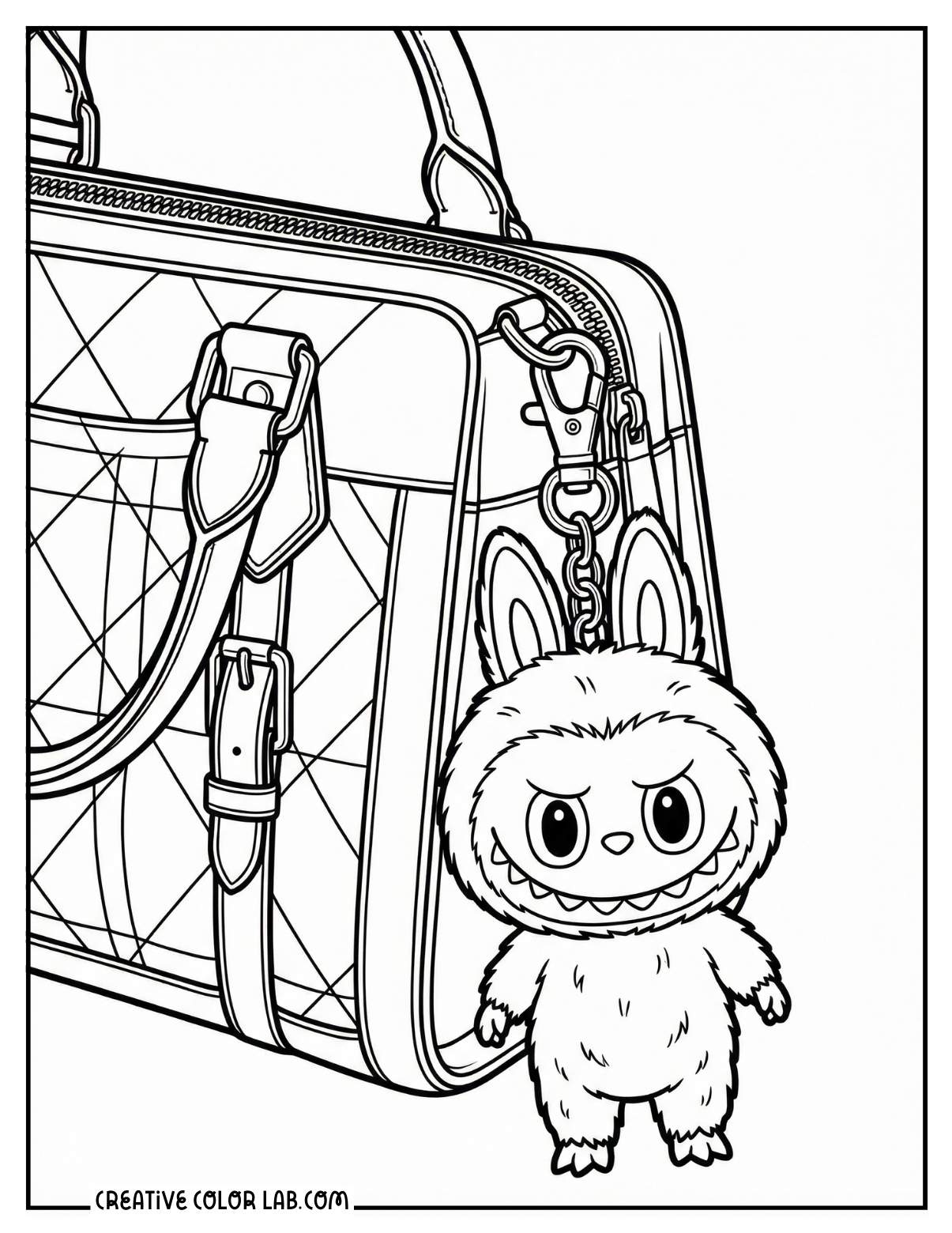 A labubu bag charm hanging from a purse coloring sheet.