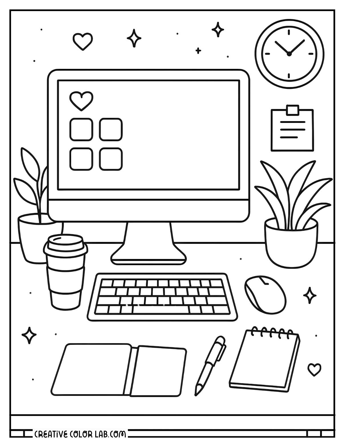 Aesthetic workplace desk setup picture to color.