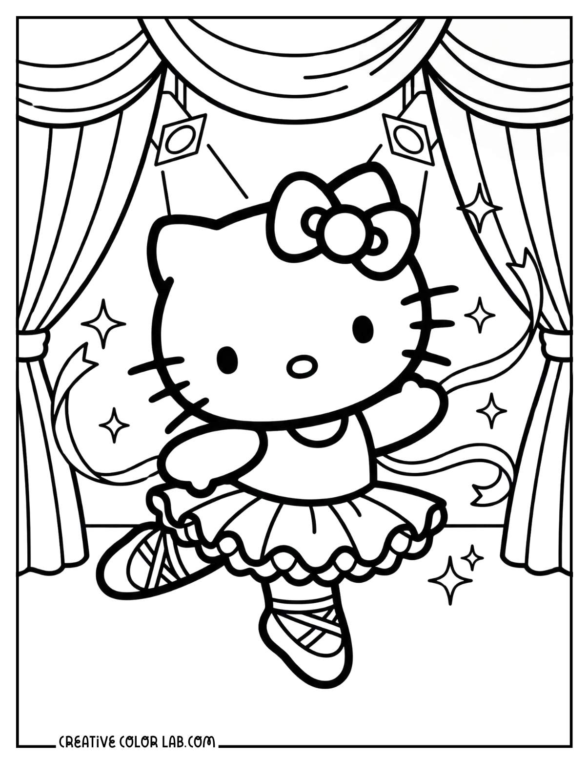 Ballerina Hello kitty performing on stage coloring sheet.