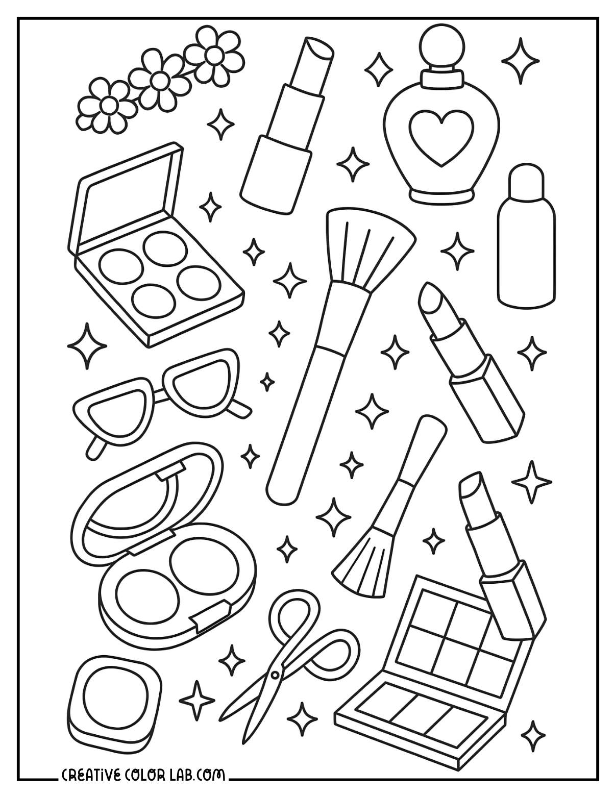 A beauty makeup flat lay line art to color.