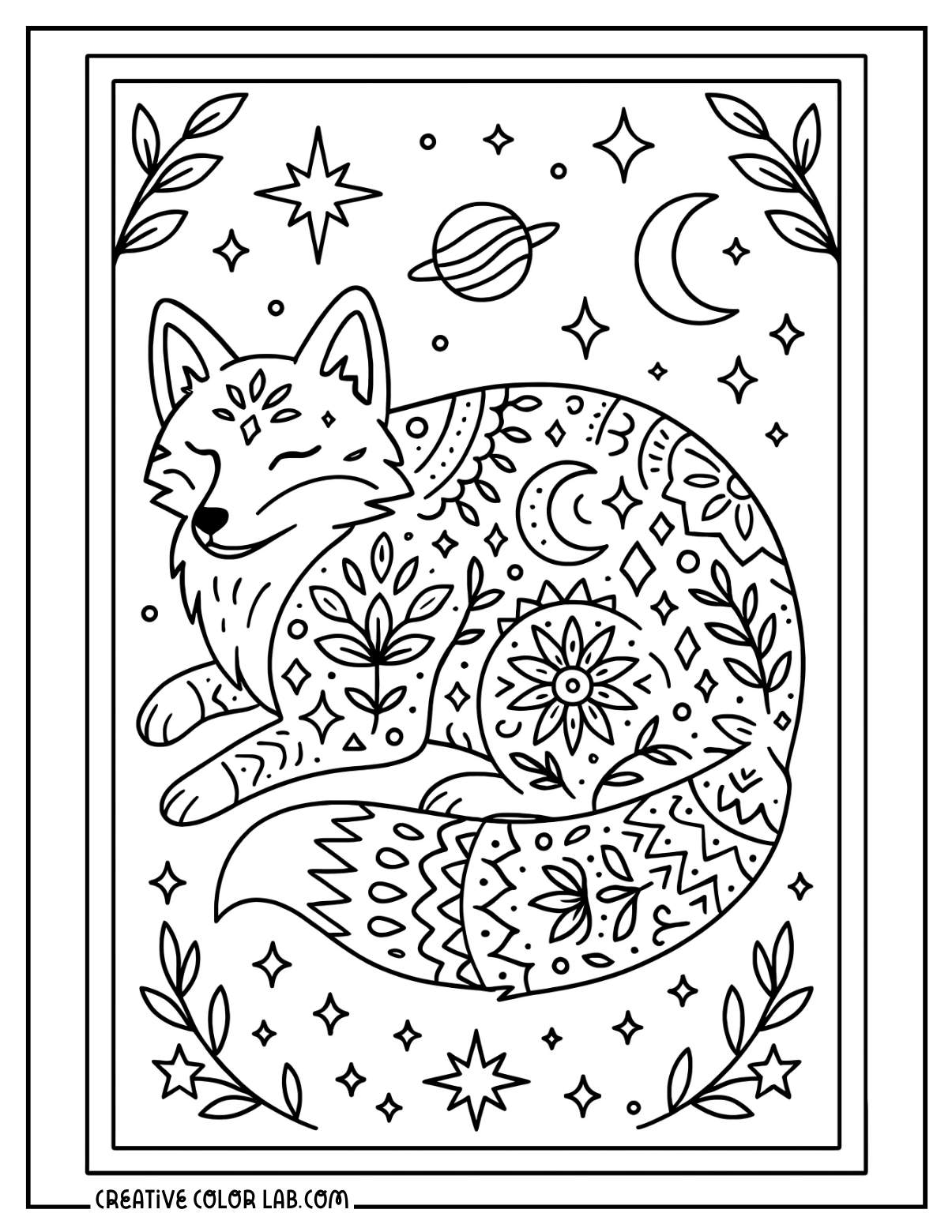 A celestial fox line art to color.