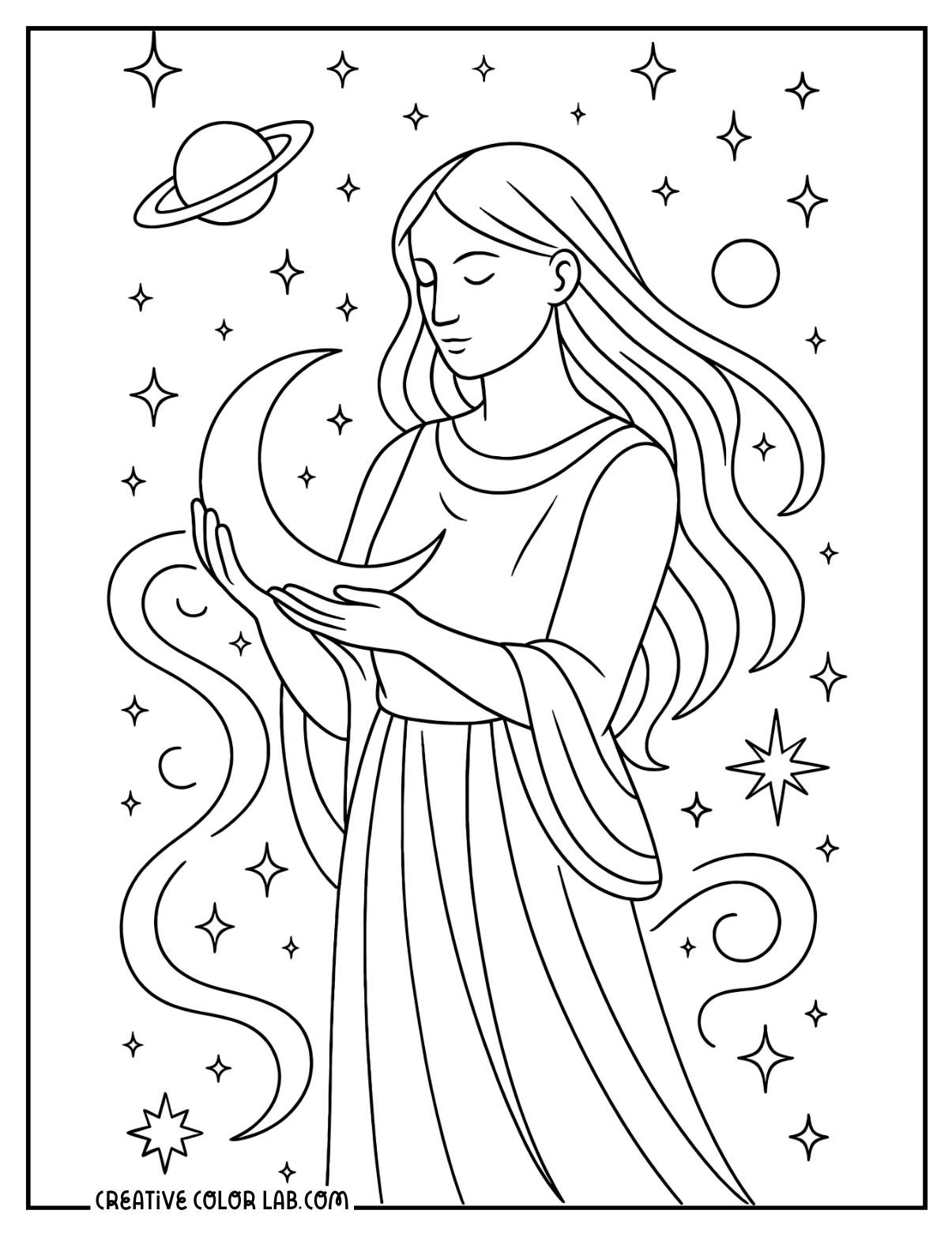 A celestial woman holding a moon coloring page.