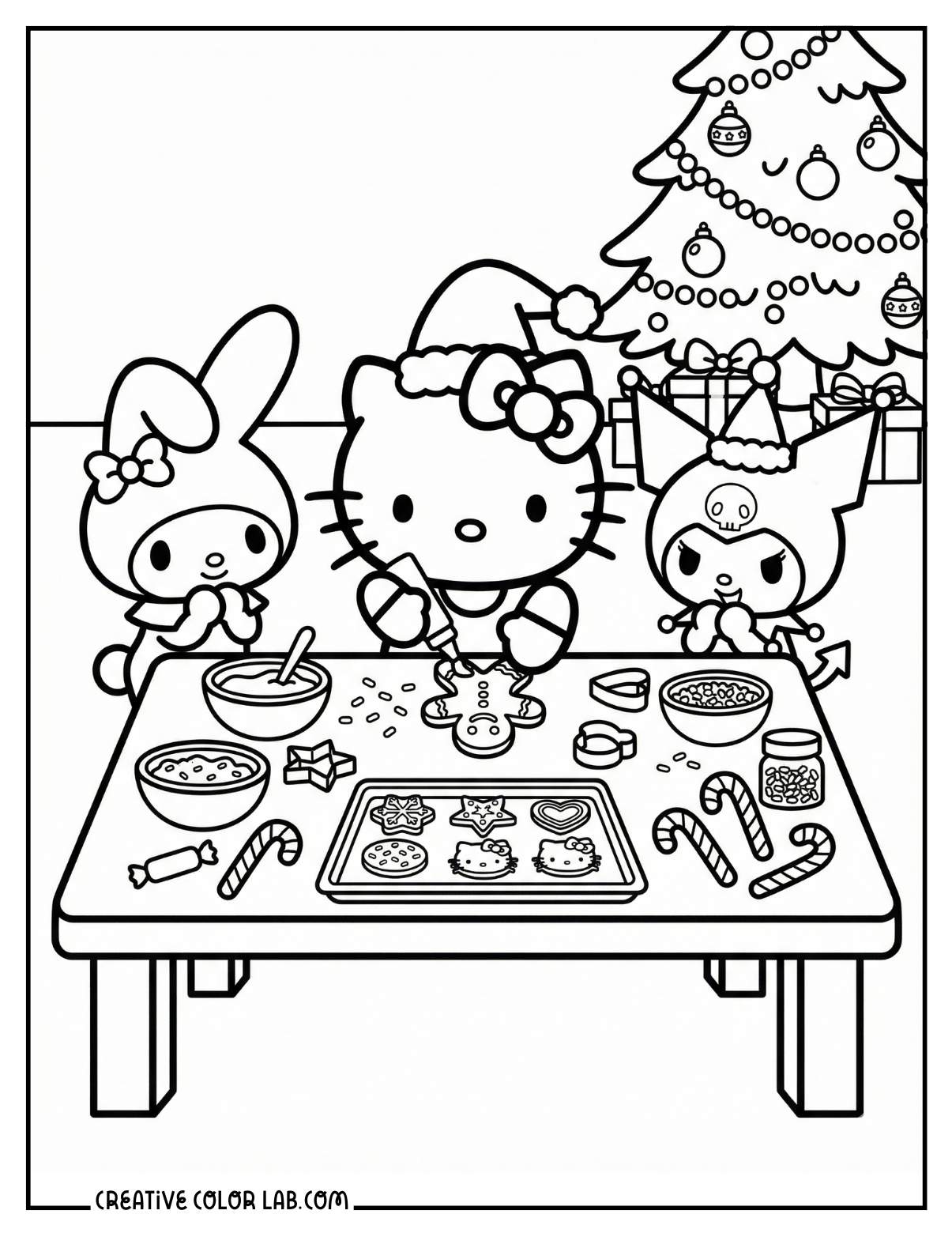 Hello kitty with My Melody and Kuromi decorating Christmas cookies image to color.