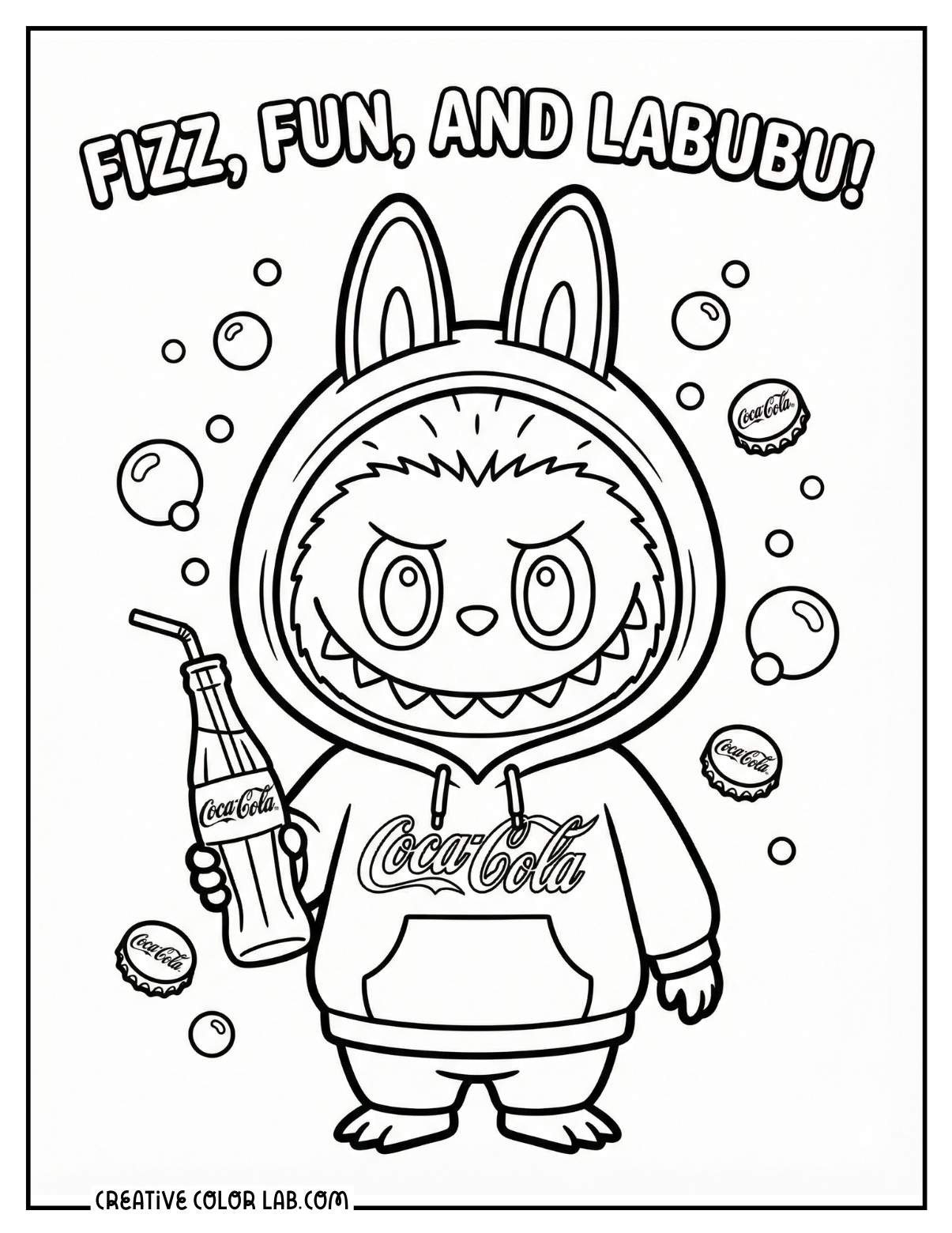 A labubu wearing a Coca Cola hoodie and drink coloring sheet.