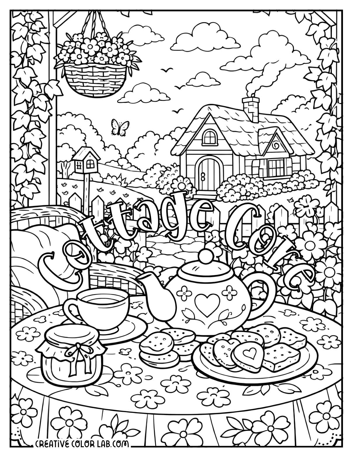 "Cottage core" tea in the garden line art to color in for adults.