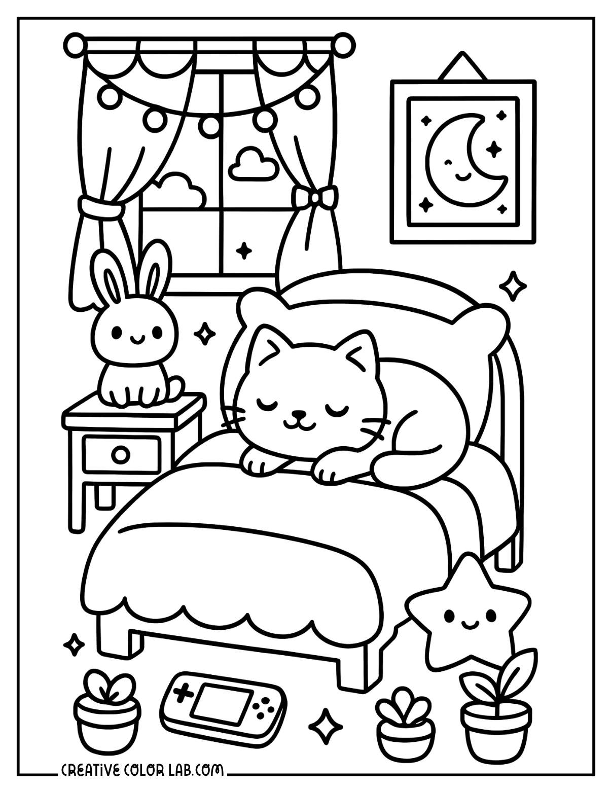 A cozy bedroom cat sleeping image to color.
