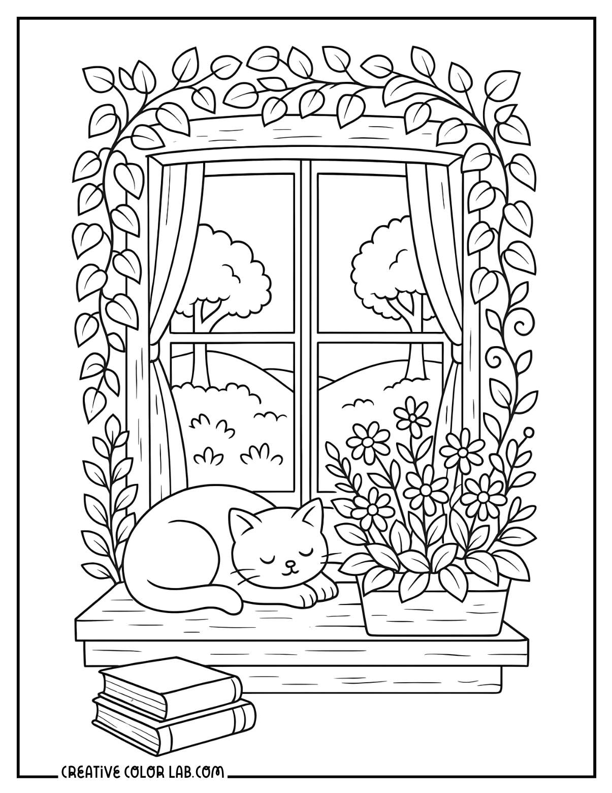 A cat sleeping beside a window image to color.