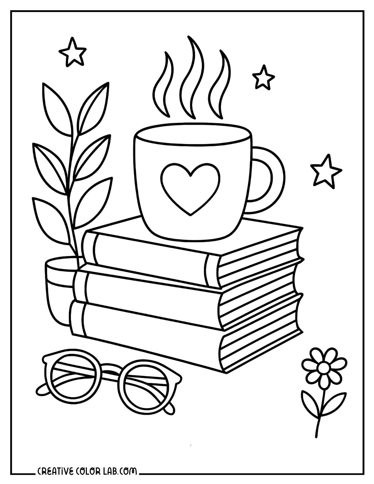 A cup of coffee and stack of books coloring sheet.