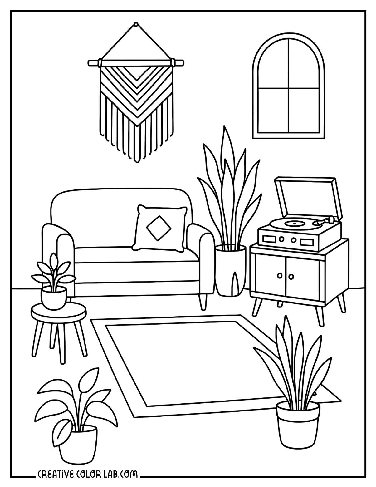 A cozy living room aesthetic coloring page.