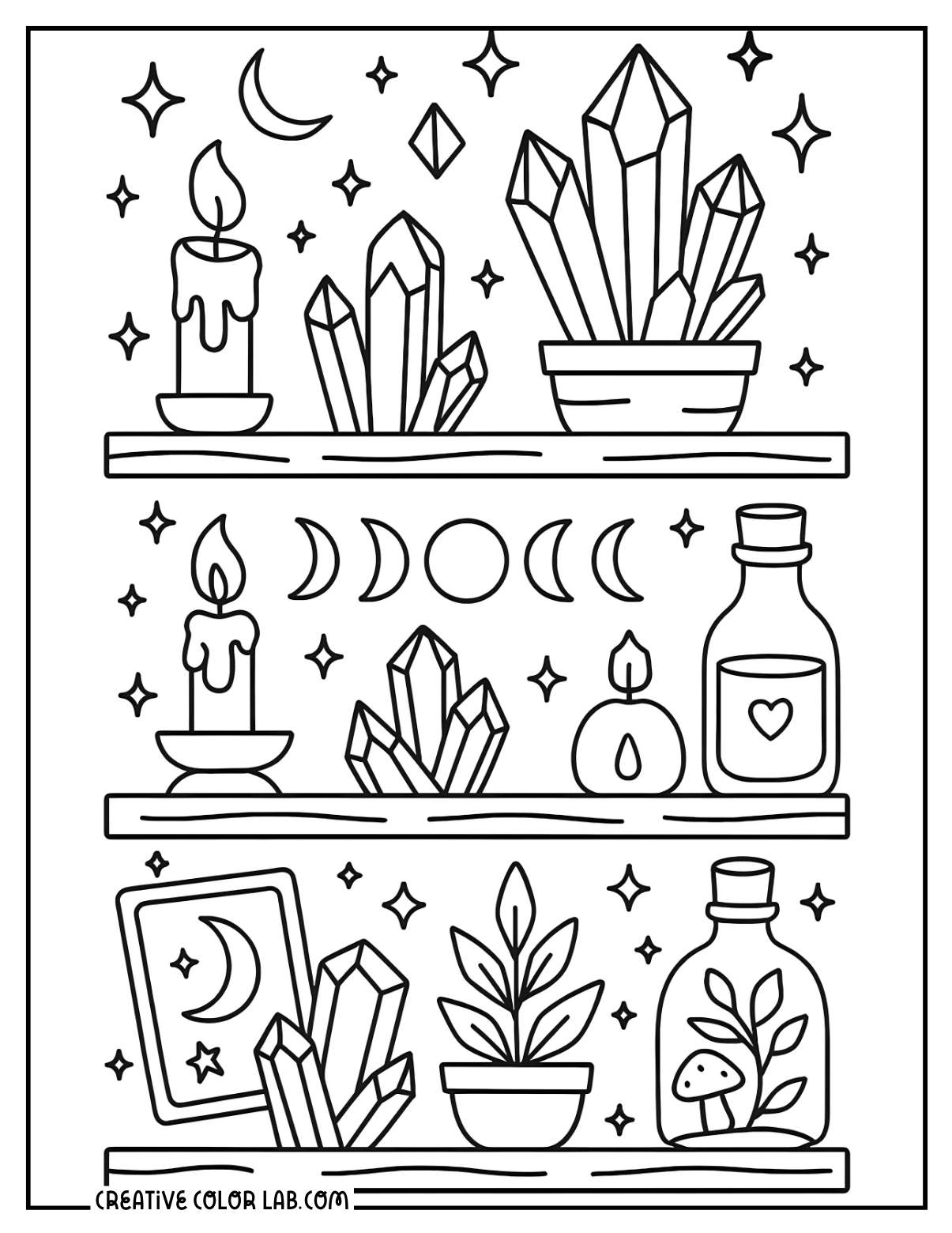 A crystal shelf with mystic aesthetic coloring sheet.