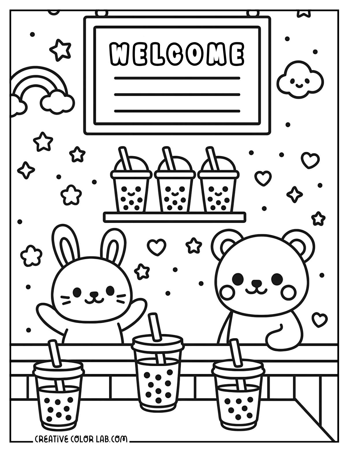 Cute cafe bears with milk tea coloring sheet