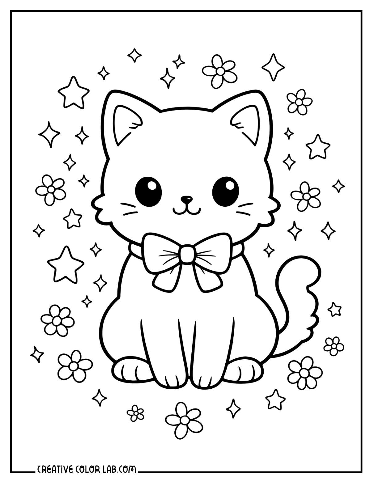 A cute cat with bow image to color.