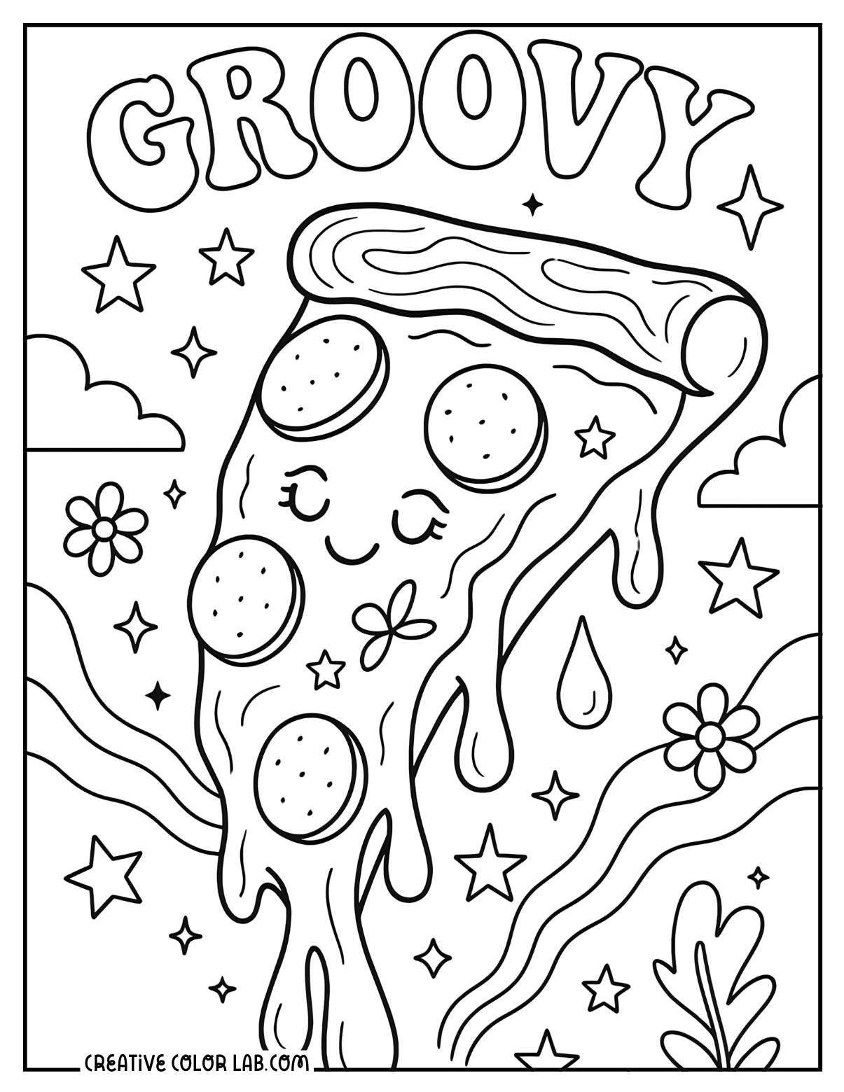 A cute groovy pizza picture to color.
