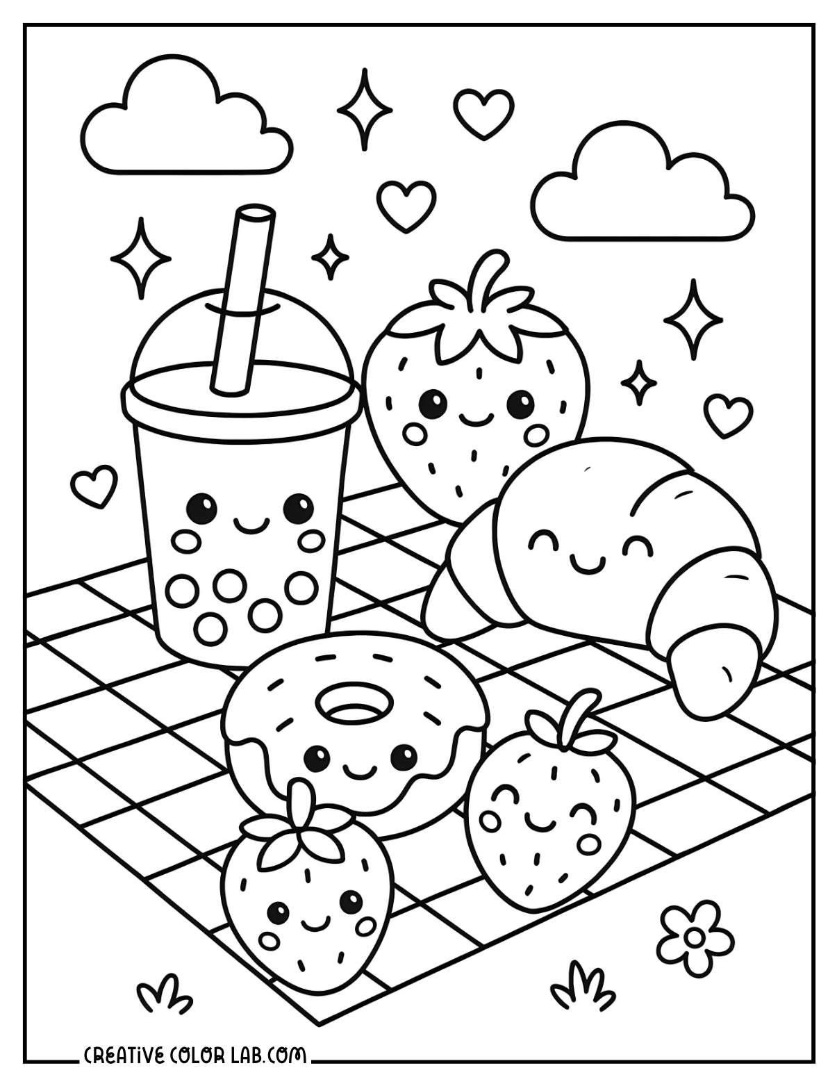 Kawaii picnic snacks coloring page for kids.