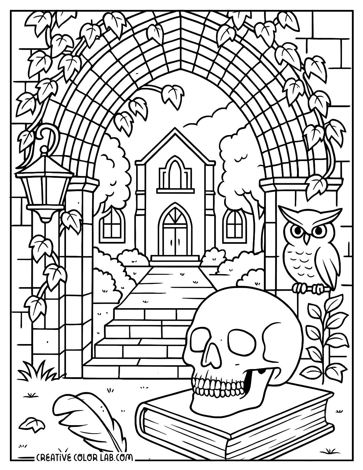 A dark academia skull archway coloring page.