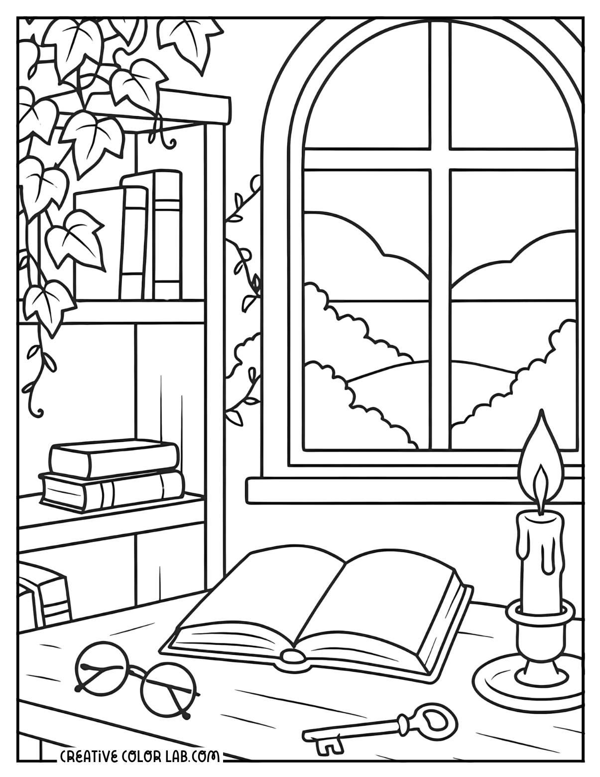 A study nook line art to color in.
