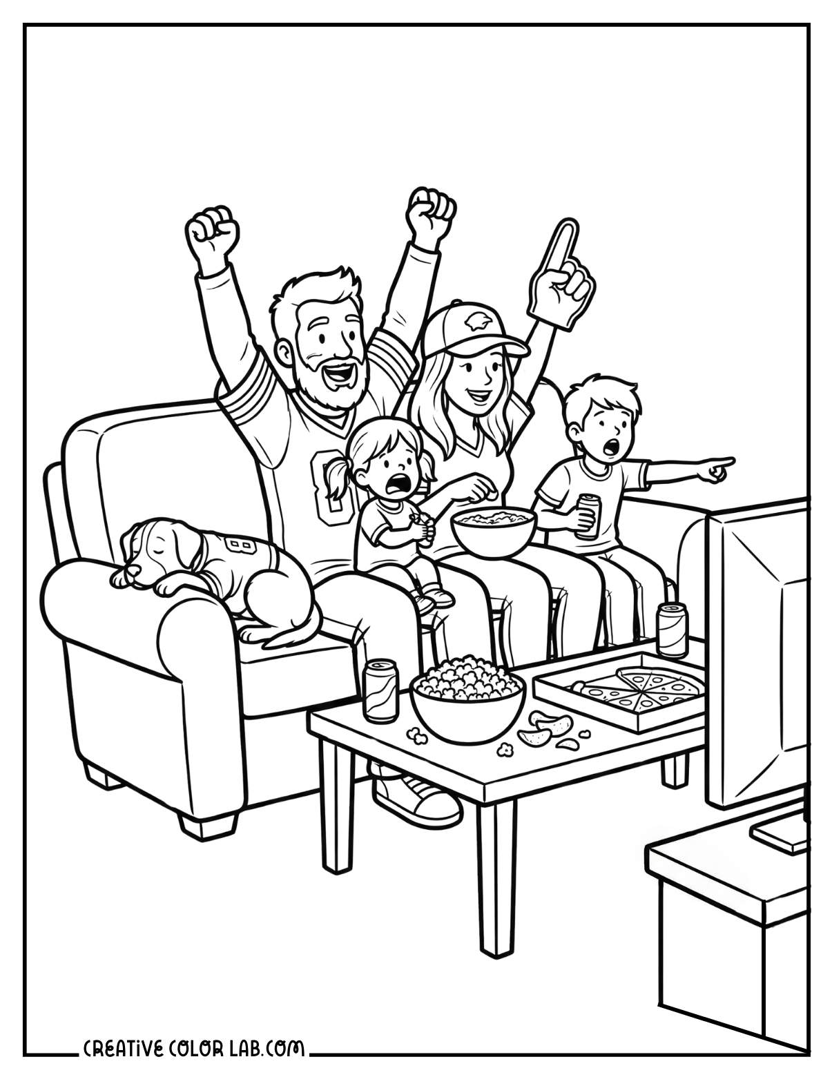 A family watching the super bowl coloring sheet.