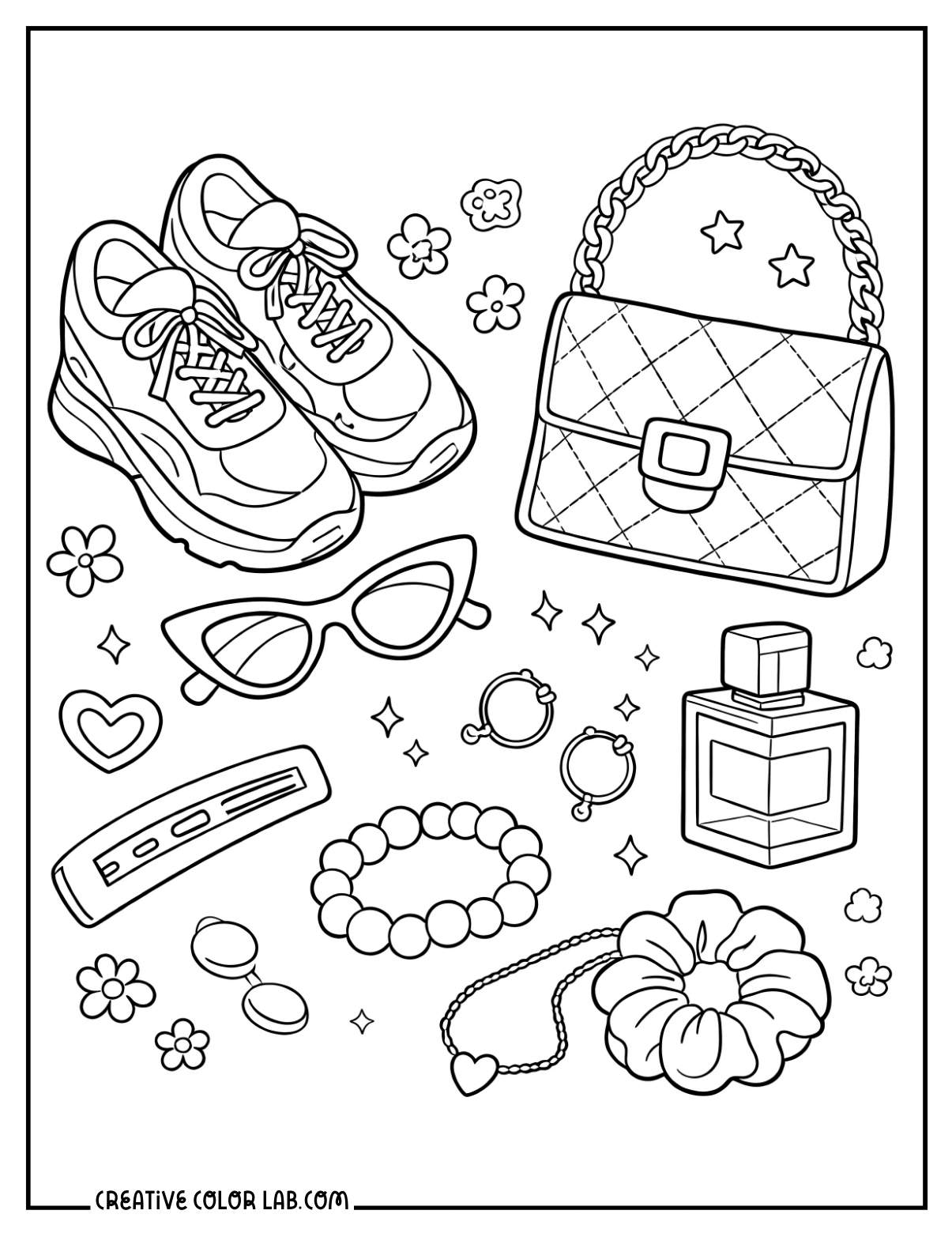 Fashion accessories flat lay coloring sheet.