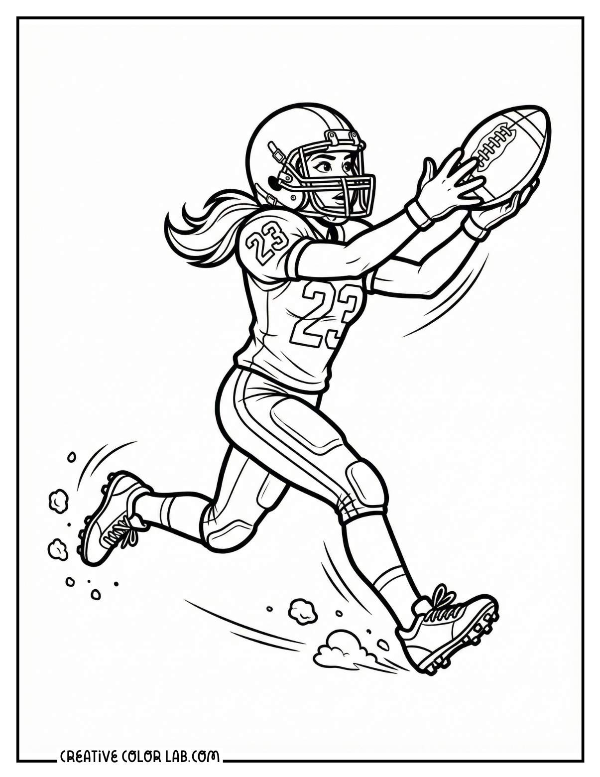 A female football player catching pass coloring page.