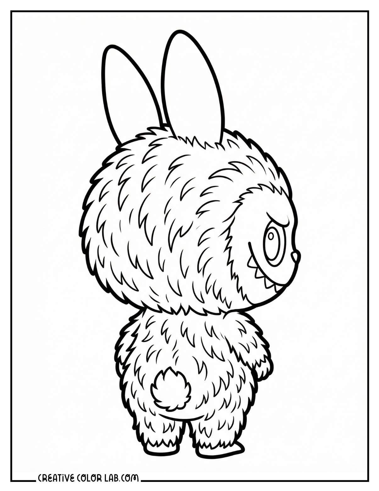 A fuzzy back view of a labubu coloring page.