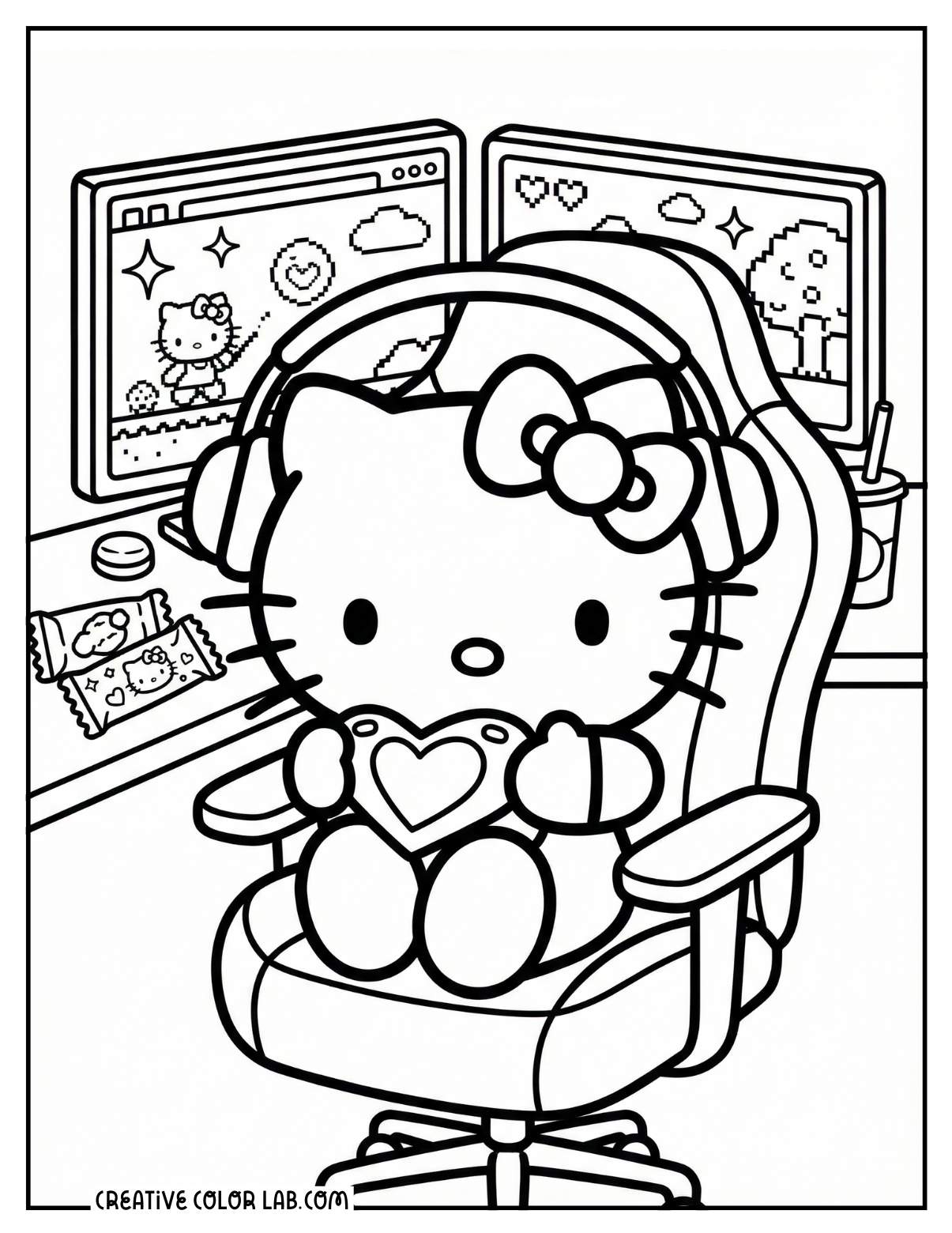Hello kitty playing computer games coloring page.