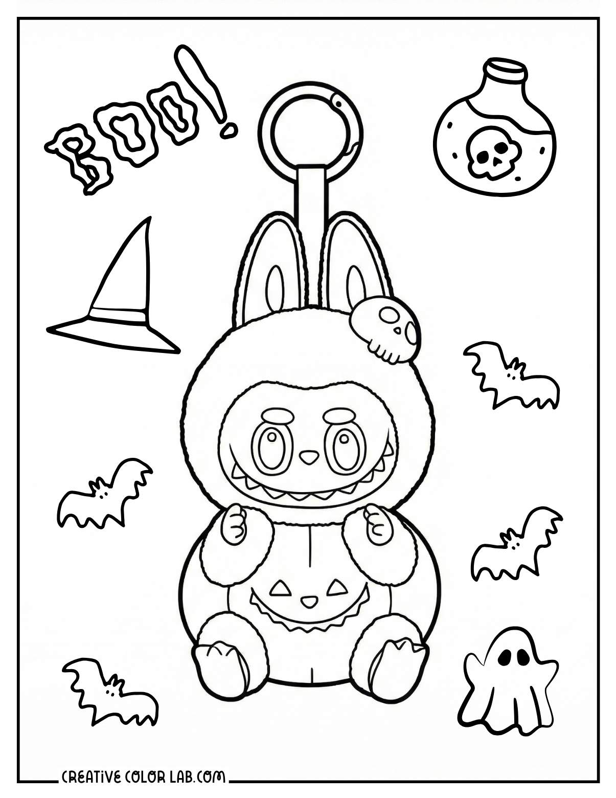 A happy Halloween party series labubu coloring page.