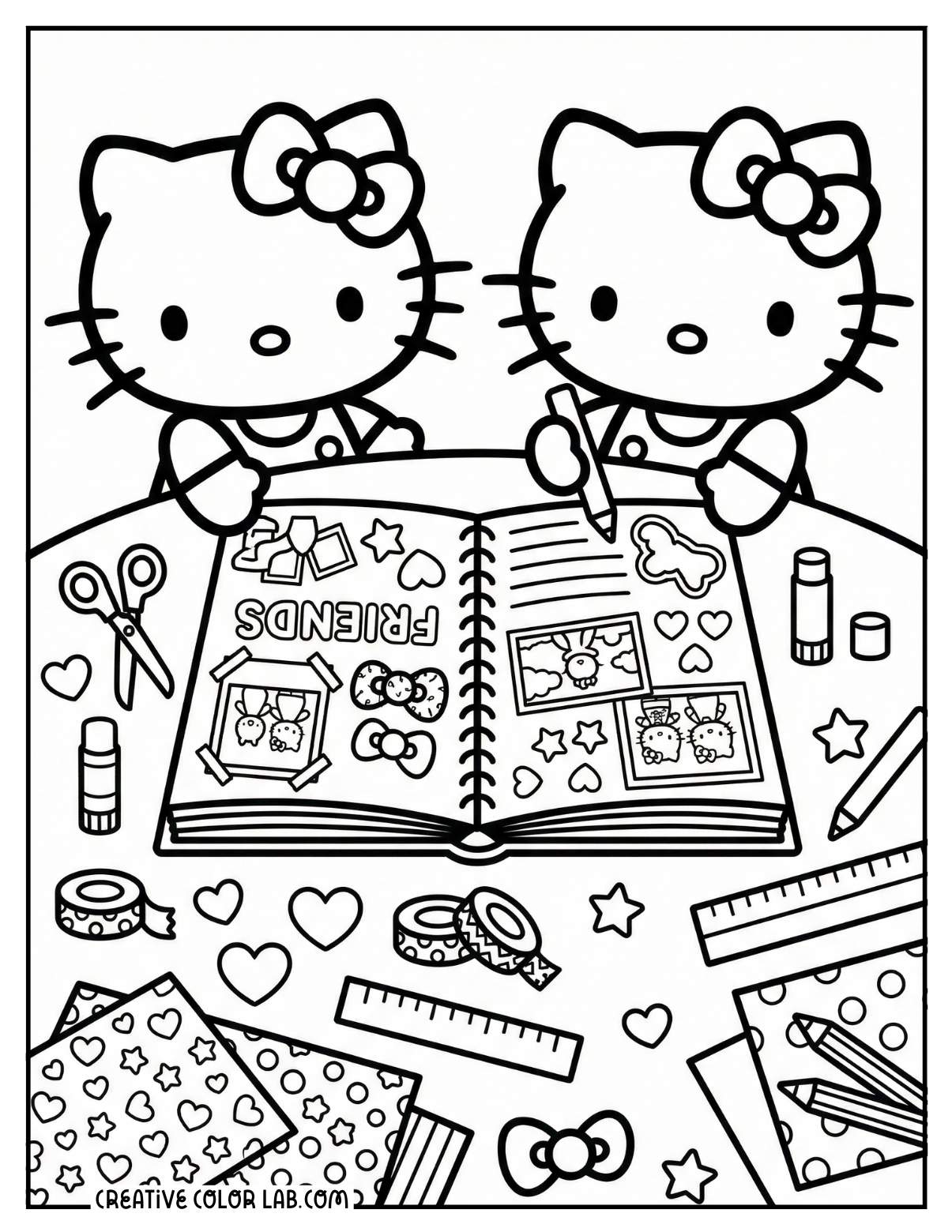 Hello kitty and Mimmy making scrapbooks coloring sheet.