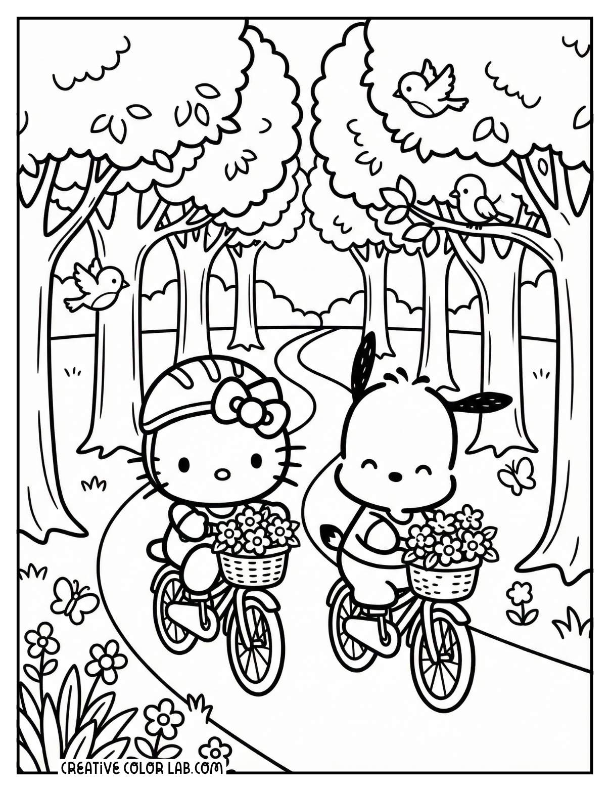 Hello kitty and Pochacco riding bikes coloring page.