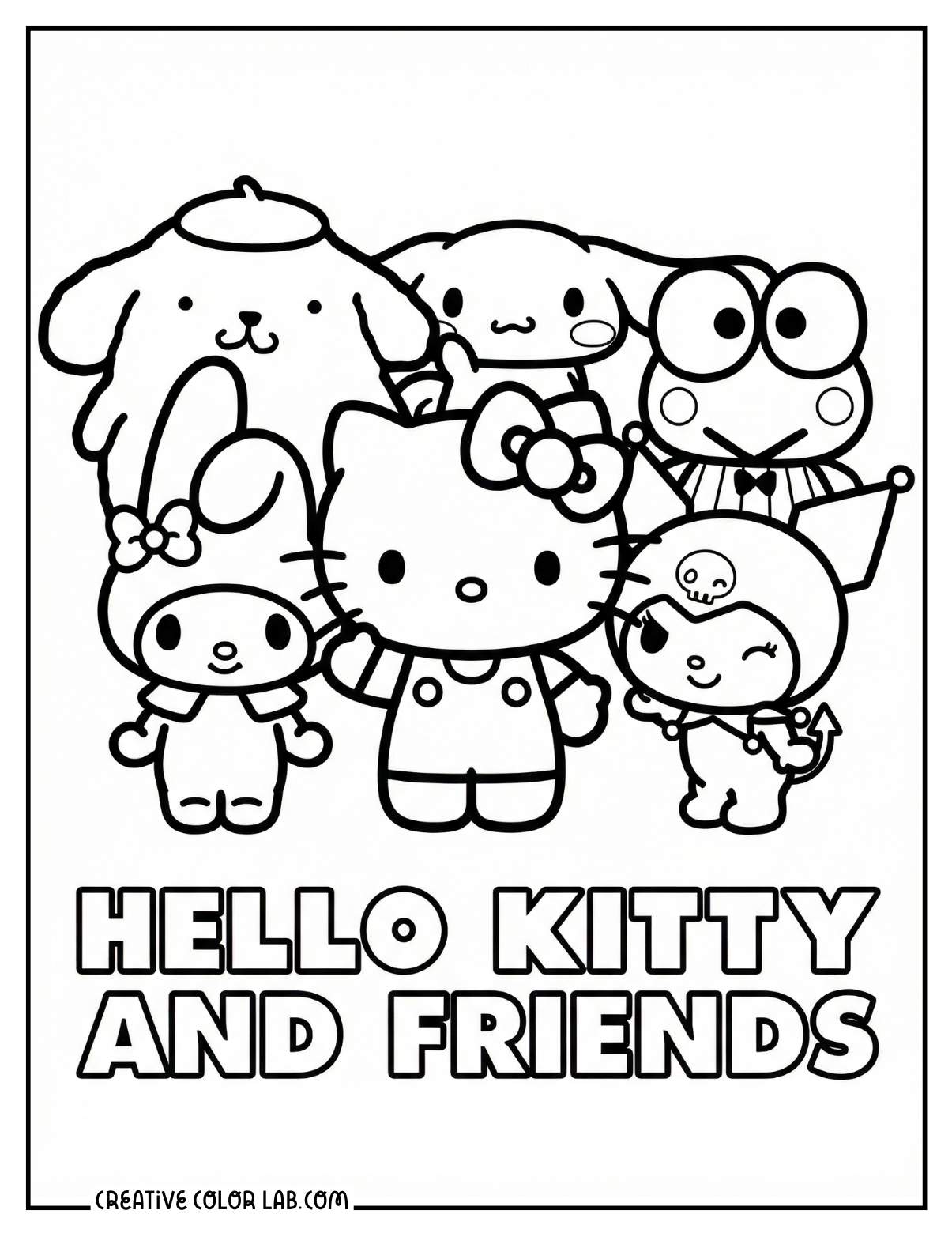 Hello kitty and Sanrio friends: Kuromi, My Melody, Pompompurin, Cinnamoroll, and Keroppi.