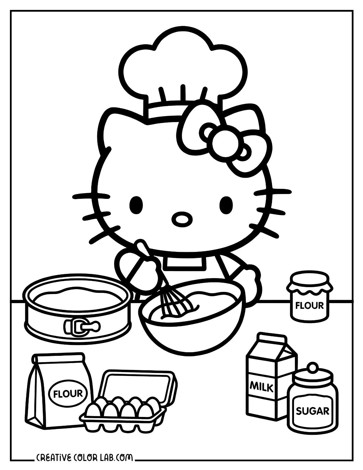 Hello kitty baking coloring page.