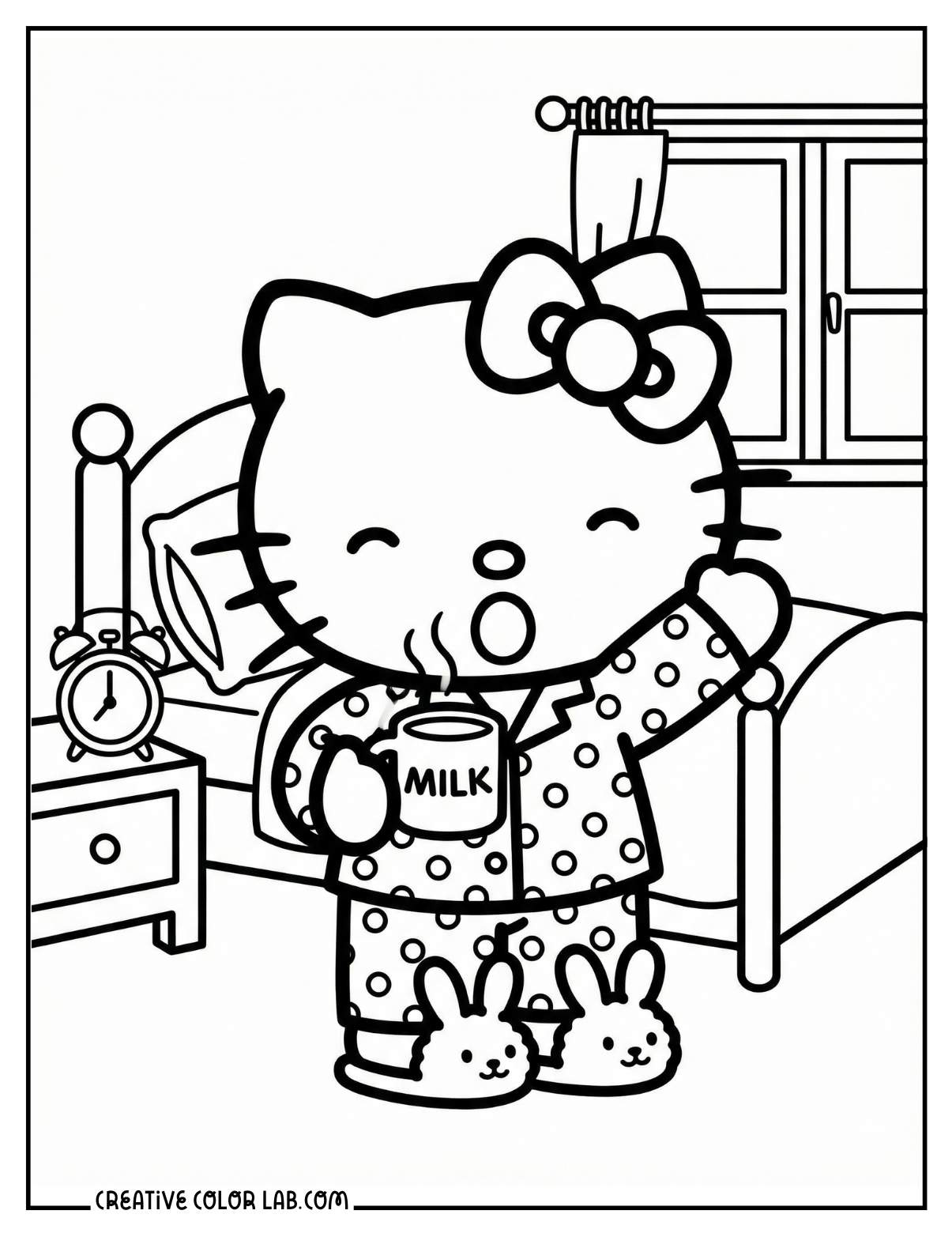Hello kitty wearing pajamas for bedtime coloring sheet.