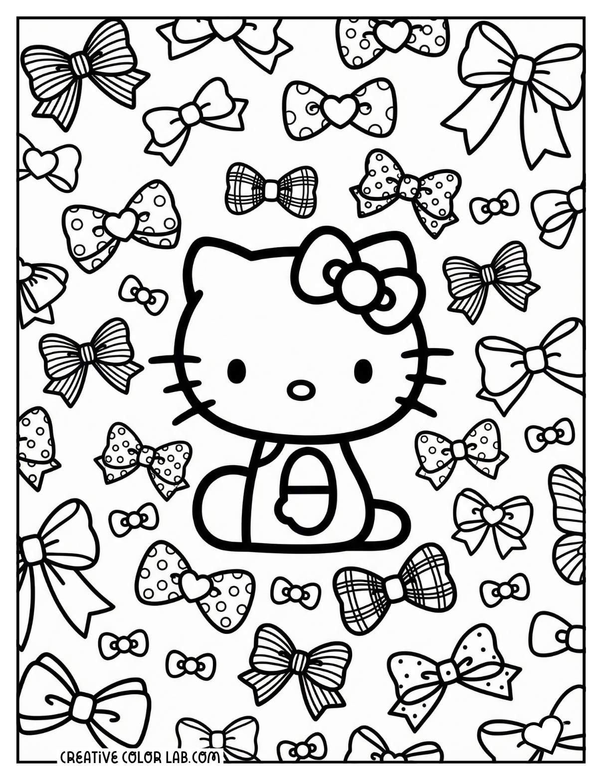 Hello kitty surrounded with bows coloring sheet for teens.