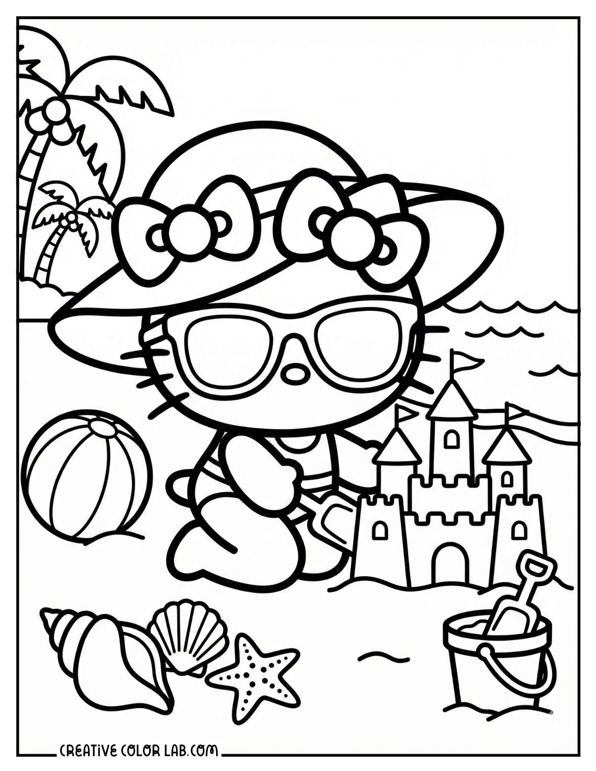 Hello Kitty building a sandcastle at the beach picture to color.