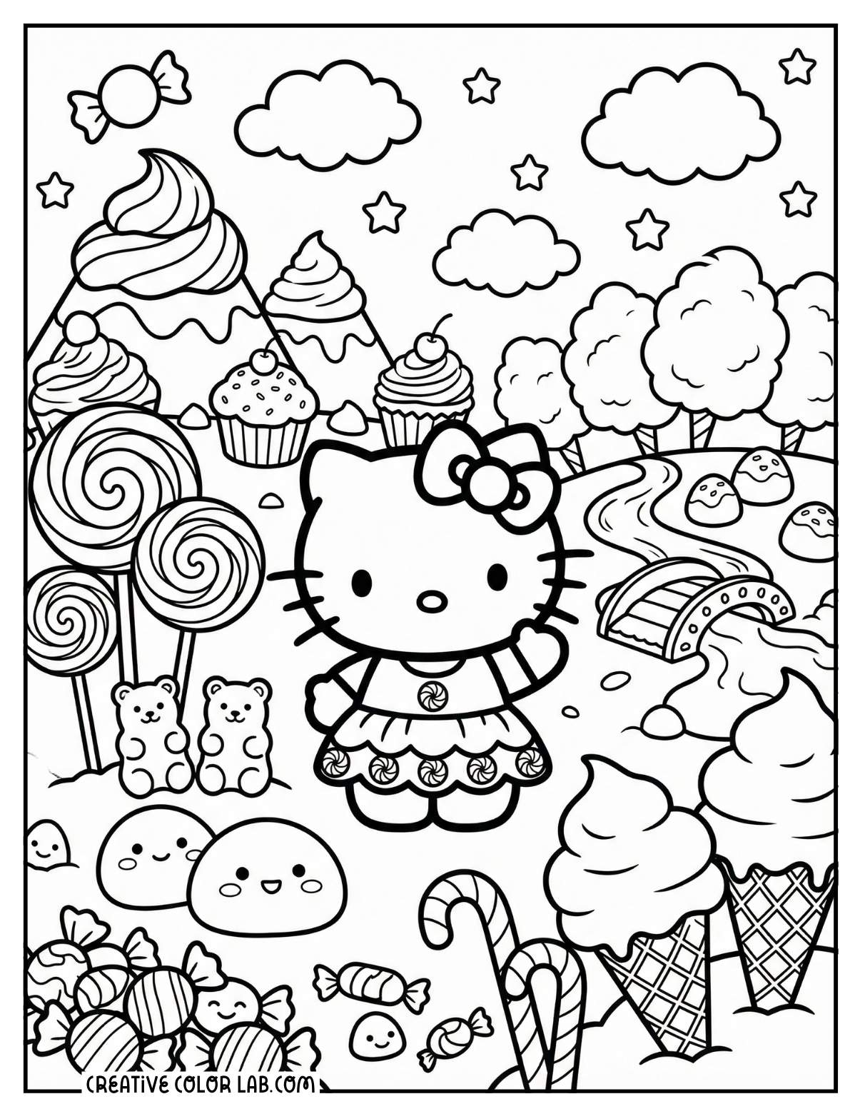 Hello kitty in candy land coloring page.