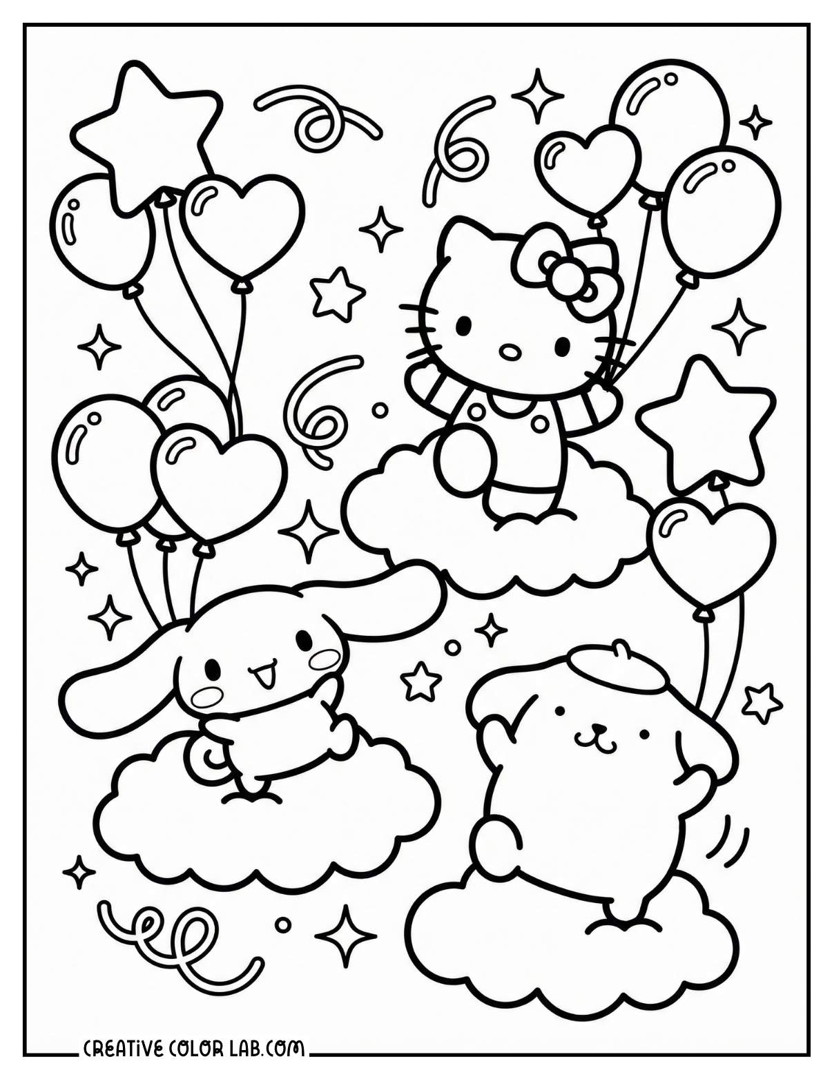 Hello kitty with Cinnamoroll and Pompompurin holding balloons picture to color.