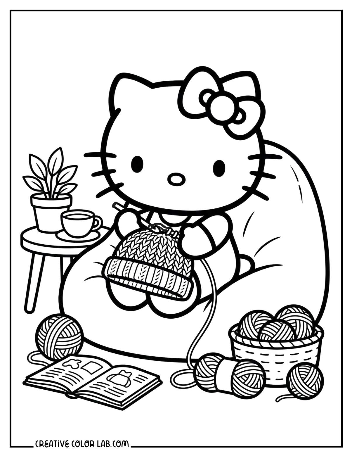 Hello kitty crocheting a beanie coloring page.