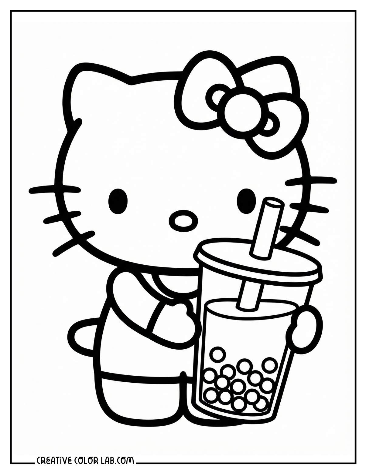 Hello kitty drinking boba tea coloring page.