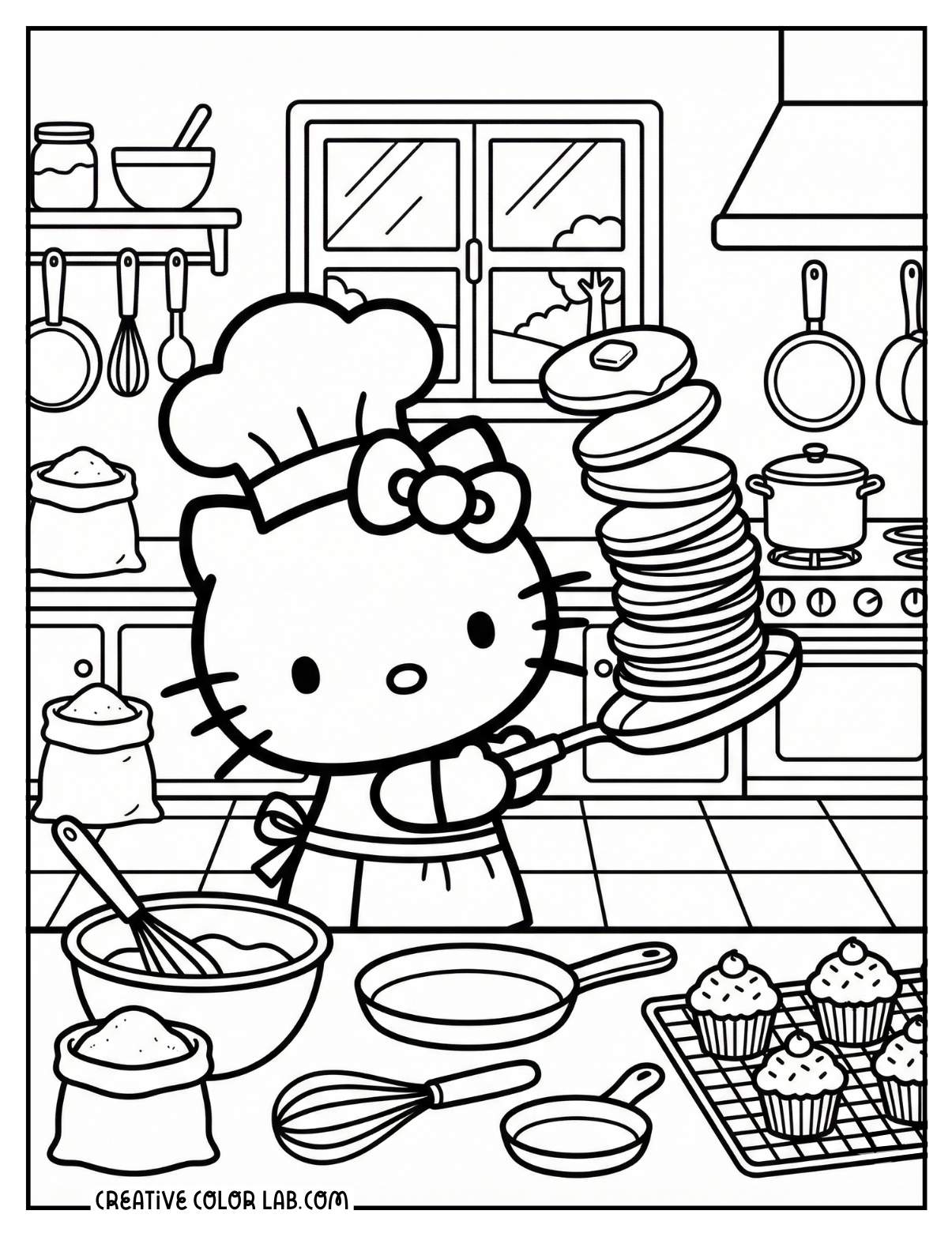 Hello kitty flipping pancakes in kitchen picture to color.