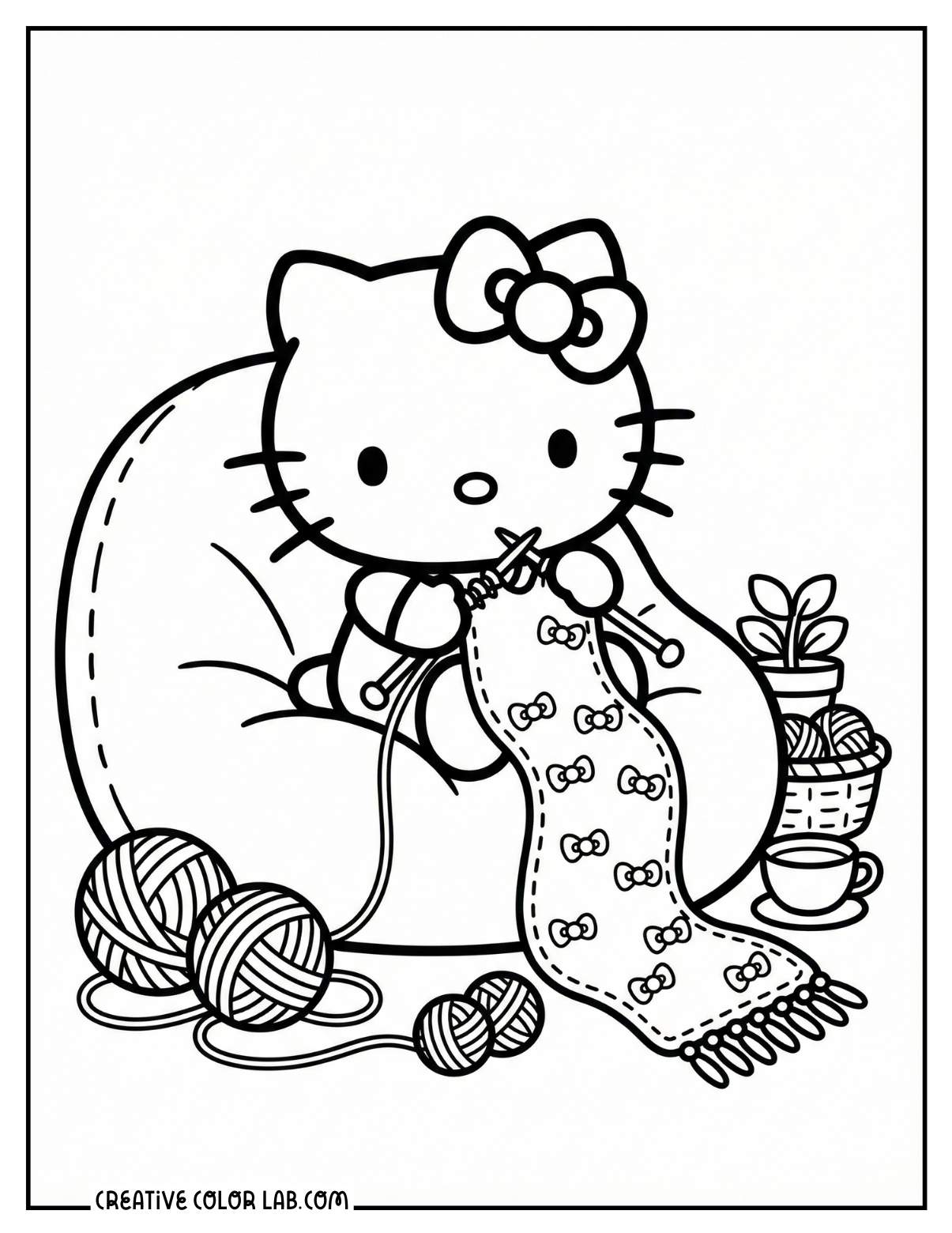 Hello kitty knitting a scarf image to color.