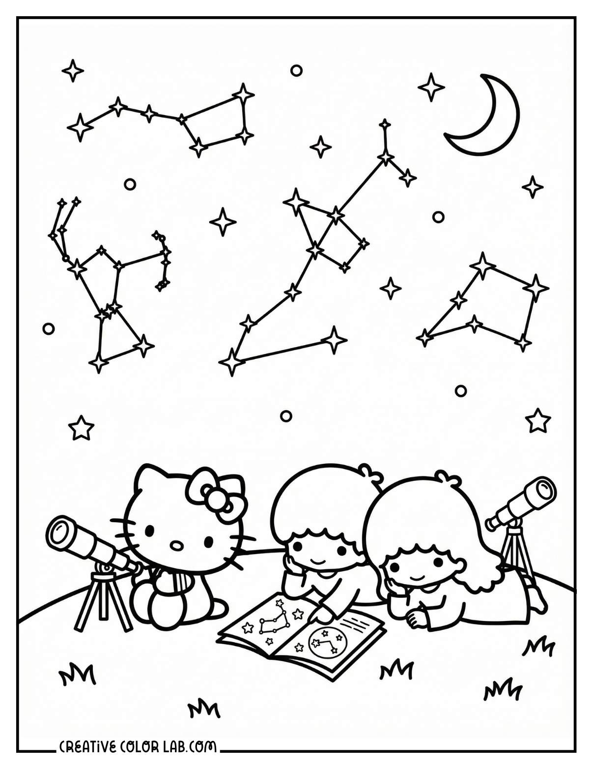Hello kitty stargazing with little twin stars picture to color.