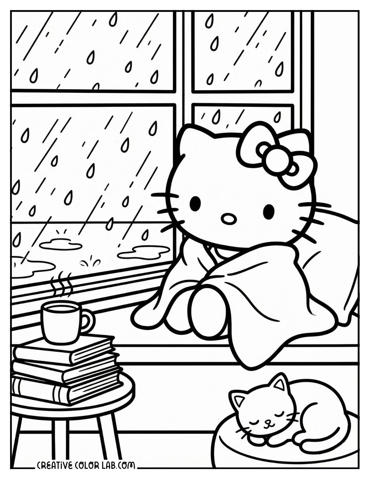 Hello kitty sitting beside the window on a rainy day line art to color in.