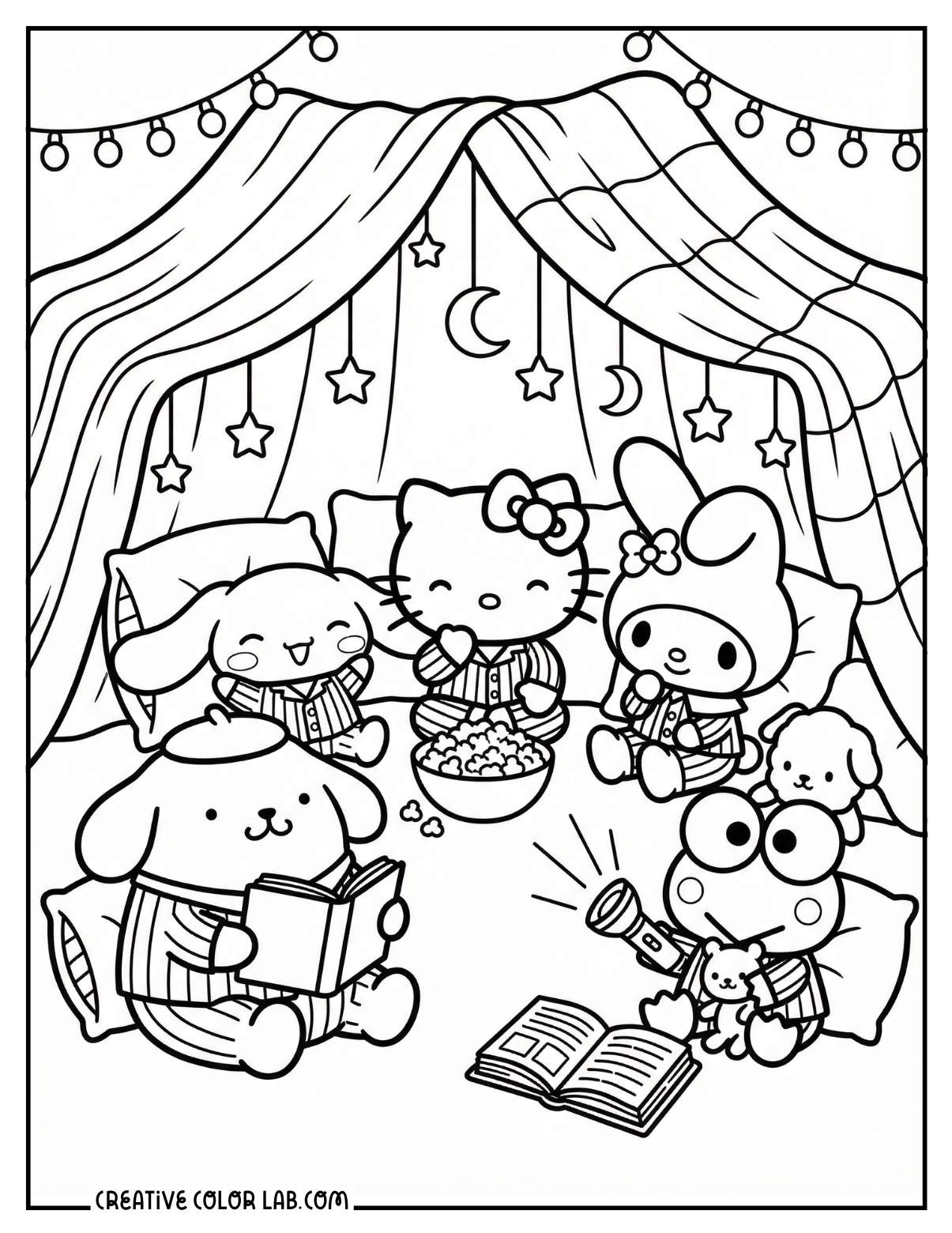 Hello kitty having a sleepover with Sanrio friends coloring page.