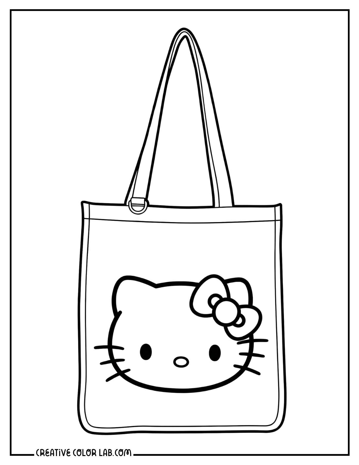 A Hello kitty shopping tote bag line art to color in.