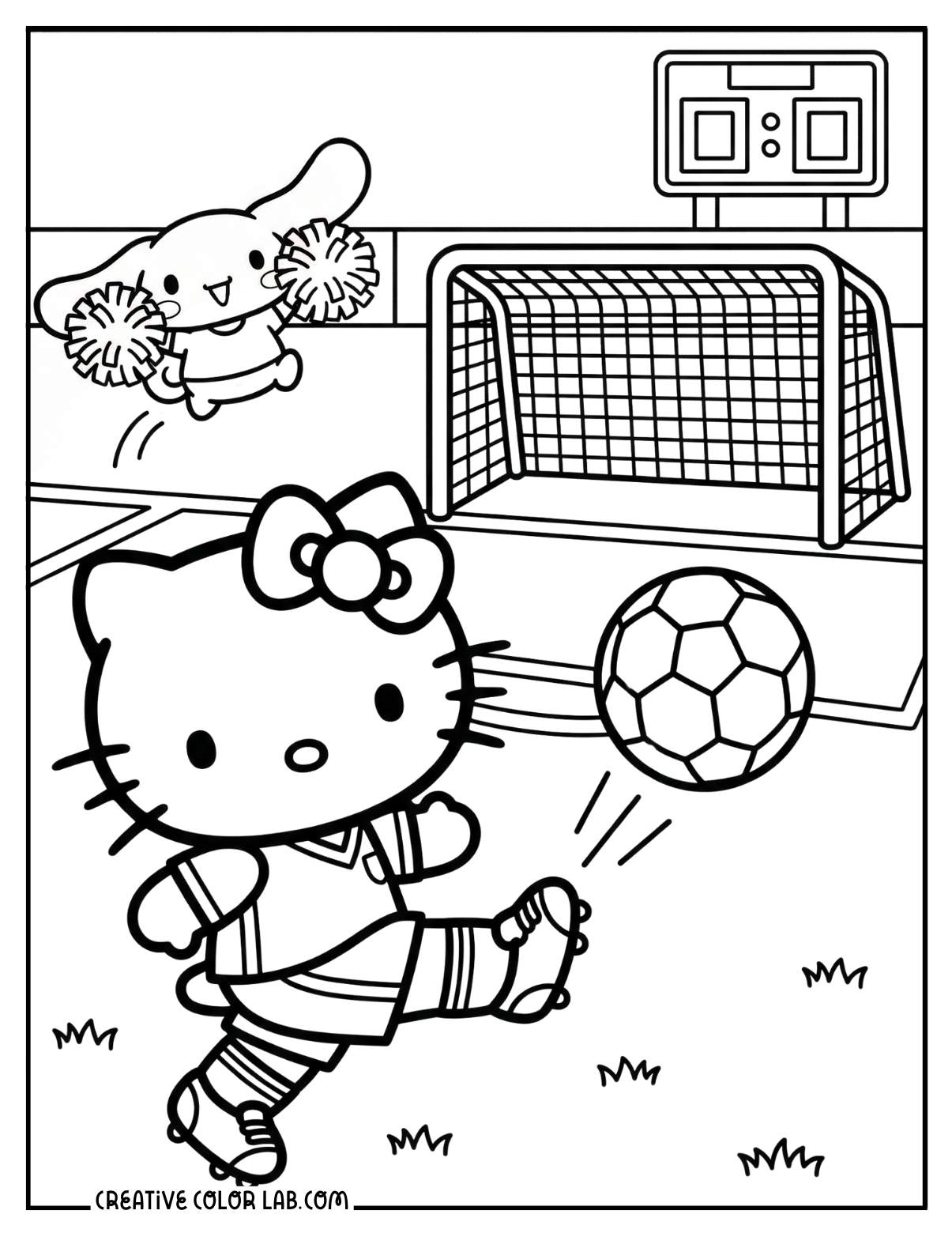 Hello kitty as a soccer player kicking goal coloring page.