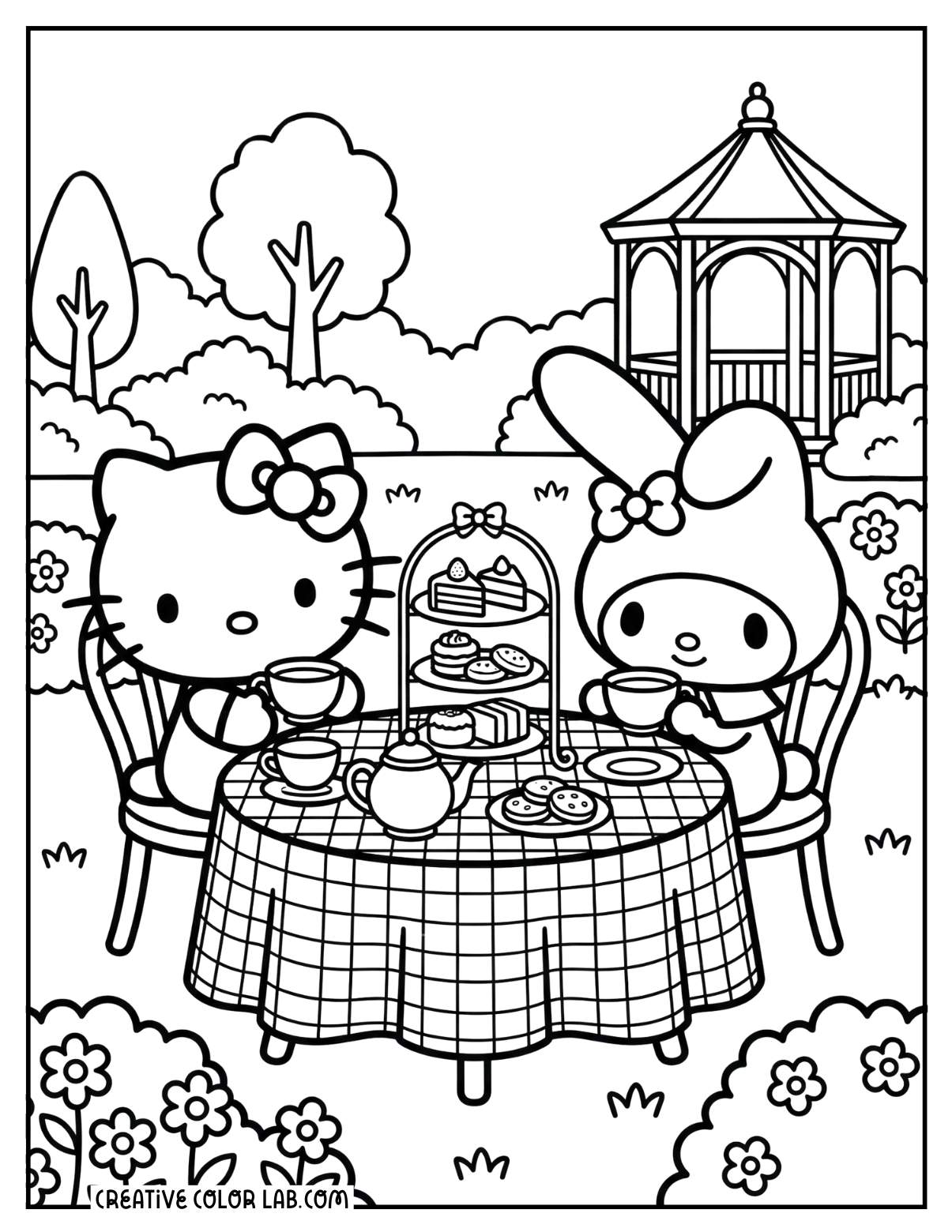 Hello kitty having tea party with My Melody line art to color in.